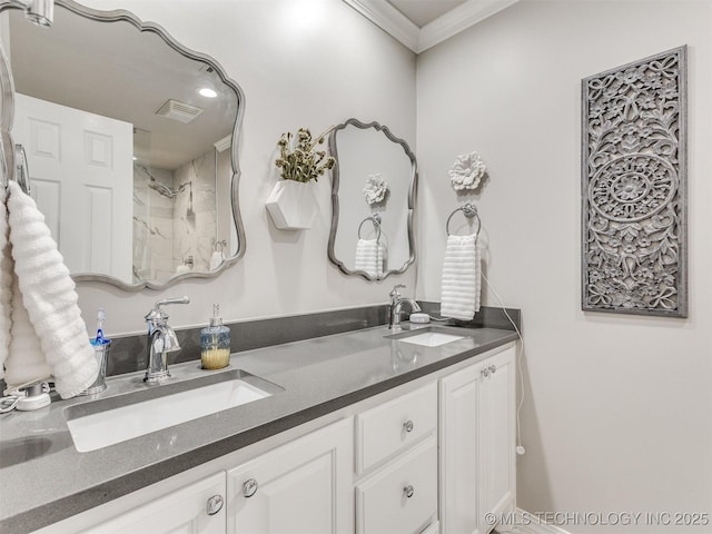 609 E Pensacola St, Broken Arrow, OK 74011 - bathroom featuring double vanity, crown molding, and a shower