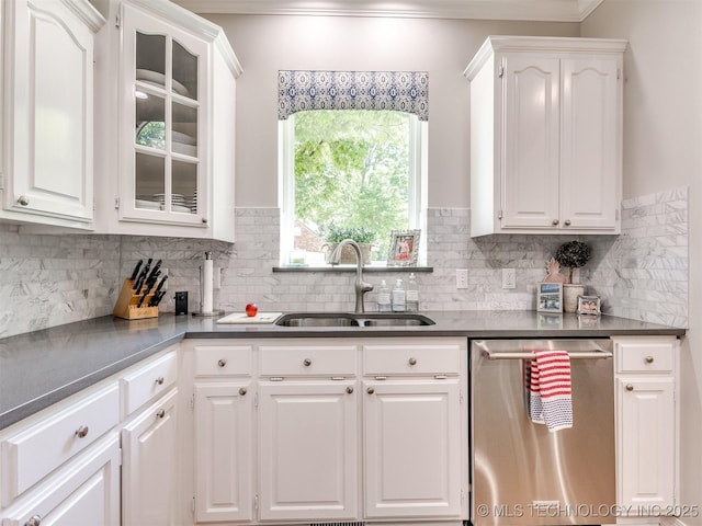 609 E Pensacola St, Broken Arrow, OK 74011 - kitchen with dishwasher, a sink, crown molding, white cabinets, and glass insert cabinets