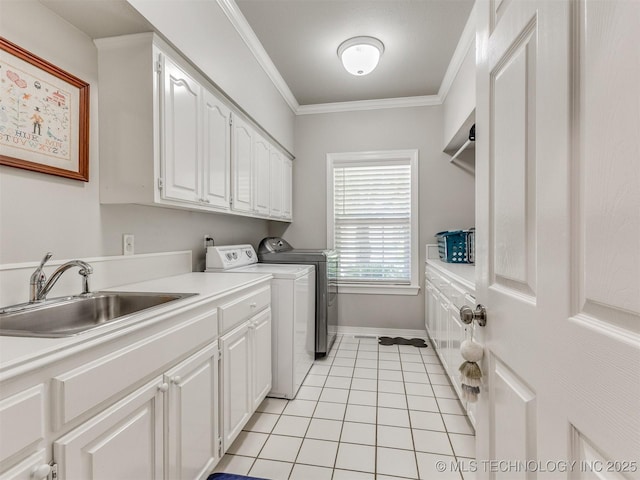 609 E Pensacola St, Broken Arrow, OK 74011 - washroom with cabinet space, washer and dryer, light tile patterned floors, and crown molding