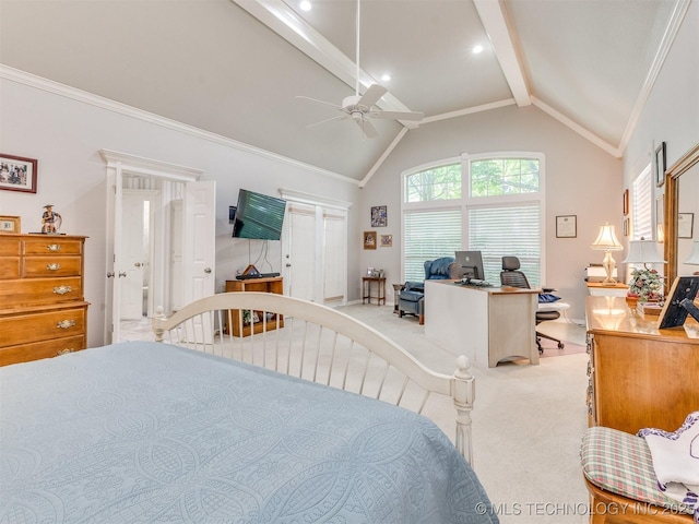 609 E Pensacola St, Broken Arrow, OK 74011 - carpeted bedroom featuring beam ceiling, a desk, high vaulted ceiling, a ceiling fan, and ornamental molding