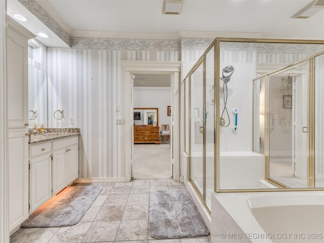 609 E Pensacola St, Broken Arrow, OK 74011 - bathroom with a stall shower, vanity, crown molding, a garden tub, and wallpapered walls