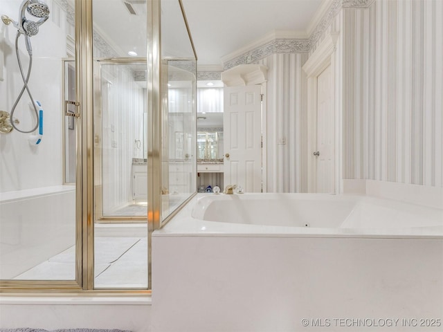 609 E Pensacola St, Broken Arrow, OK 74011 - full bathroom featuring a stall shower, ornamental molding, a garden tub, wallpapered walls, and vanity