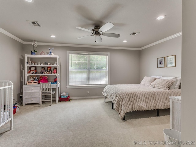 609 E Pensacola St, Broken Arrow, OK 74011 - carpeted bedroom featuring ornamental molding, recessed lighting, baseboards, and ceiling fan