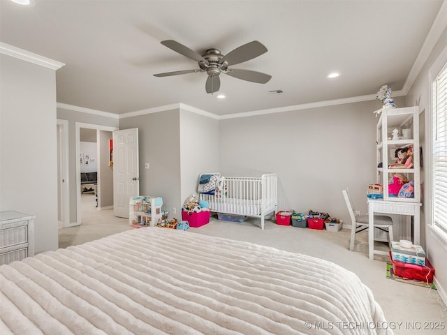 609 E Pensacola St, Broken Arrow, OK 74011 - carpeted bedroom featuring recessed lighting, crown molding, a ceiling fan, and baseboards