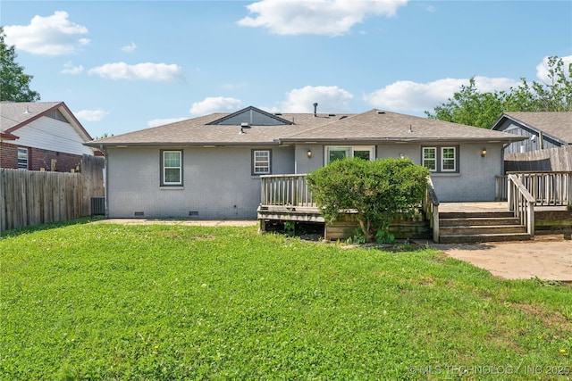 8009 E 2nd St, Tulsa, OK 74112 - rear view of property featuring crawl space, brick siding, a deck, cooling unit, and a patio area