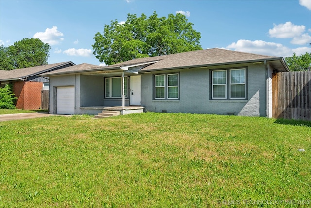 8009 E 2nd St, Tulsa, OK 74112 - ranch-style home with a garage, brick siding, driveway, crawl space, and a shingled roof
