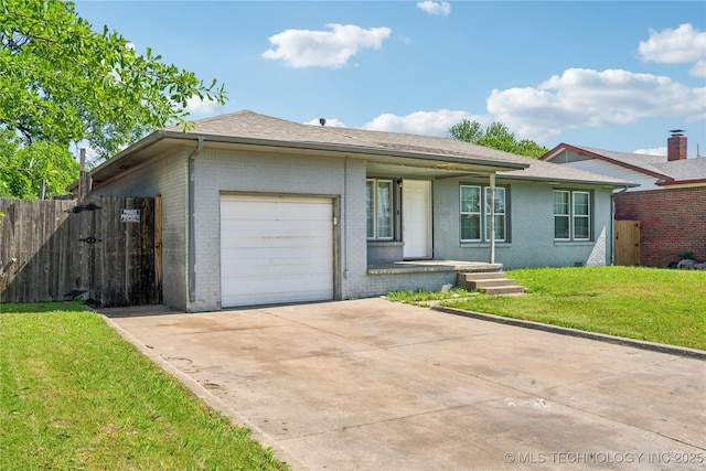 8009 E 2nd St, Tulsa, OK 74112 - ranch-style home with brick siding, an attached garage, driveway, a gate, and a shingled roof