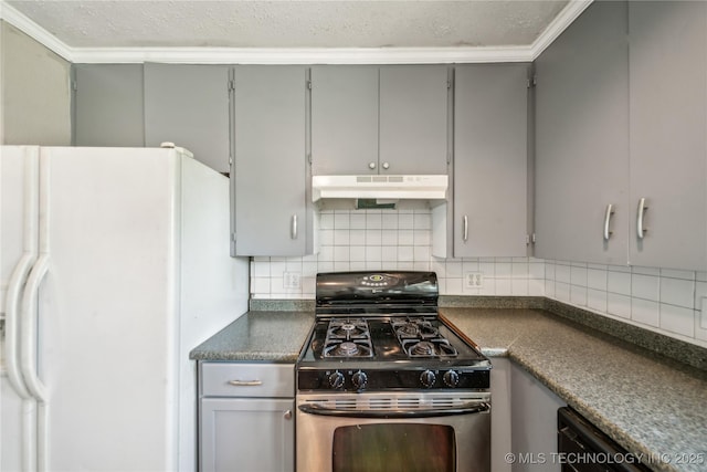 8009 E 2nd St, Tulsa, OK 74112 - kitchen with under cabinet range hood, gas range, white refrigerator with ice dispenser, gray cabinetry, and crown molding