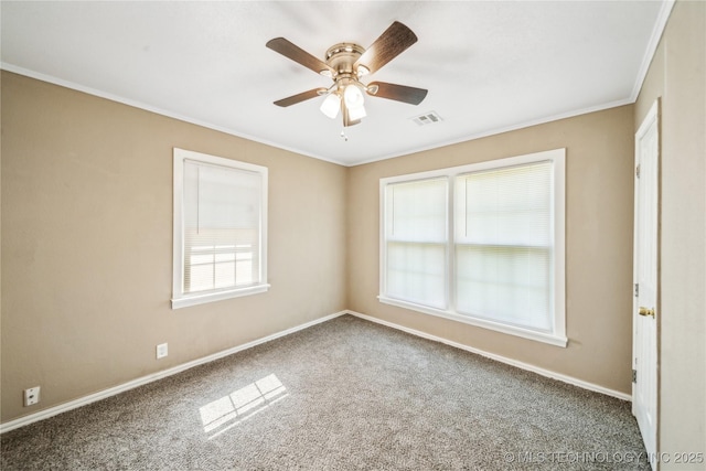 8009 E 2nd St, Tulsa, OK 74112 - empty room with carpet, ornamental molding, baseboards, and a ceiling fan