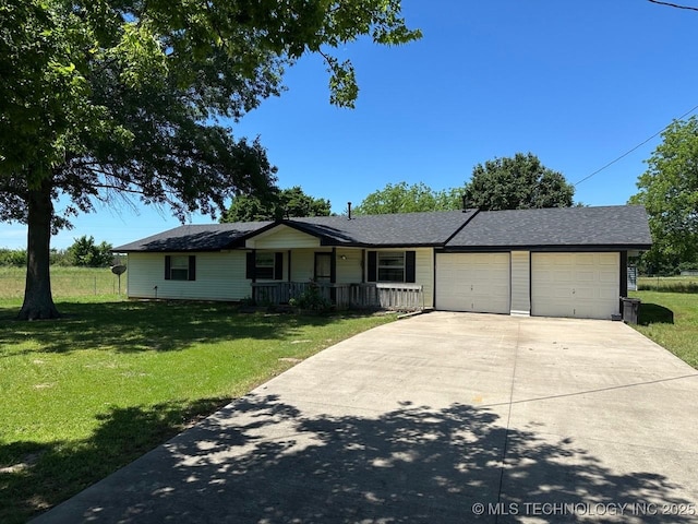 109948 S 4155th Rd, Checotah, OK 74426 - ranch-style house with a porch, a front yard, a garage, and driveway