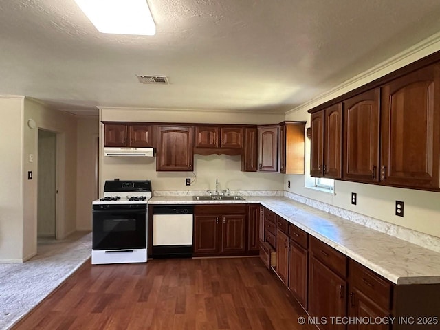 109948 S 4155th Rd, Checotah, OK 74426 - kitchen featuring range with gas cooktop, dishwasher, range hood, a sink, and dark wood-type flooring