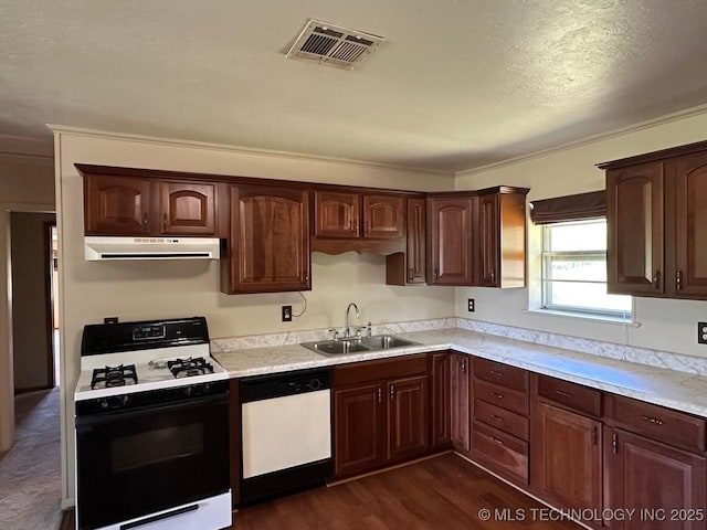 109948 S 4155th Rd, Checotah, OK 74426 - kitchen featuring dishwasher, gas range, a sink, ventilation hood, and light countertops