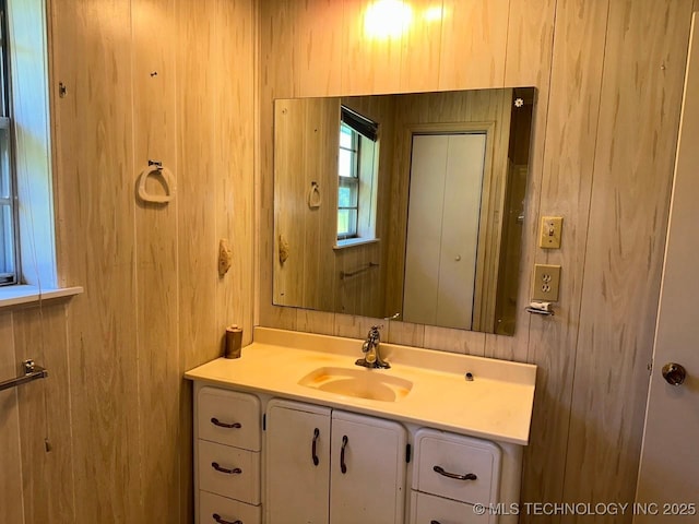 109948 S 4155th Rd, Checotah, OK 74426 - bathroom with vanity and wooden walls