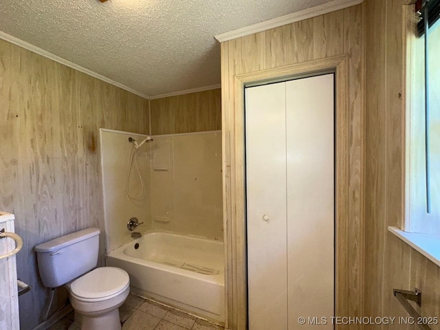 109948 S 4155th Rd, Checotah, OK 74426 - bathroom with shower / washtub combination, toilet, wood walls, a textured ceiling, and crown molding