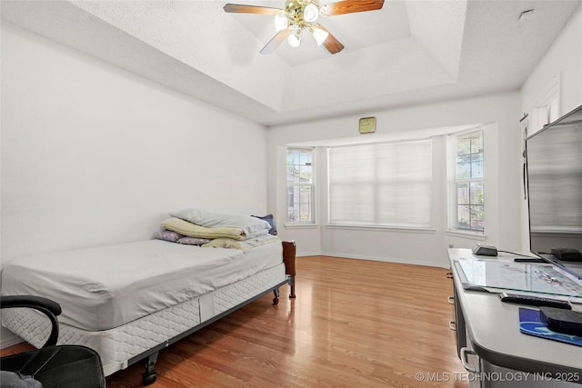 12013 E 27th St, Tulsa, OK 74129 - bedroom with a tray ceiling, light wood-style flooring, multiple windows, and ceiling fan