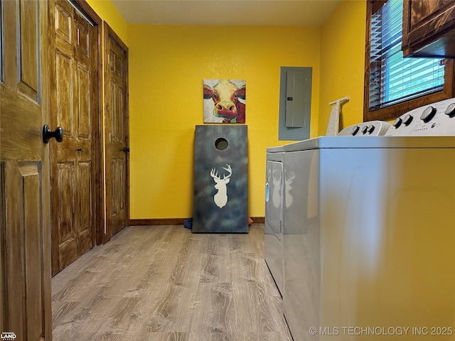1965 Mcalester Lk, Mcalester, OK 74501 - laundry area featuring electric panel, cabinet space, washer and clothes dryer, light wood finished floors, and a textured wall