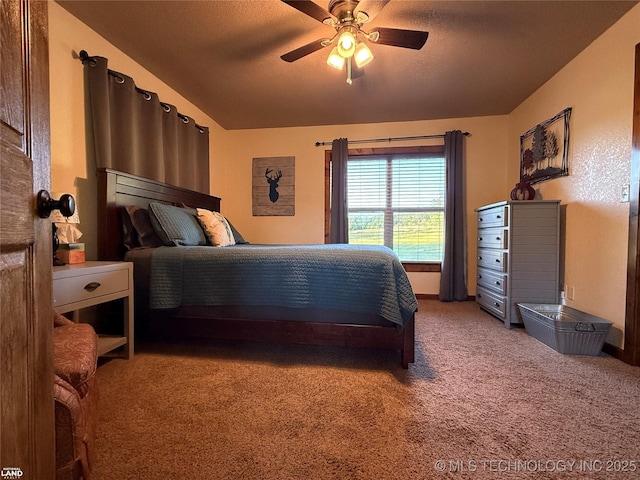 1965 Mcalester Lk, Mcalester, OK 74501 - bedroom featuring carpet, lofted ceiling, ceiling fan, and a textured ceiling