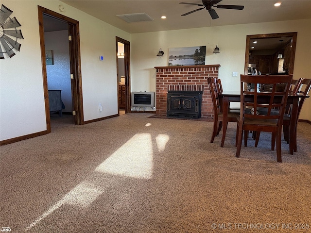 1965 Mcalester Lk, Mcalester, OK 74501 - living room with carpet floors, ceiling fan, baseboards, recessed lighting, and a brick fireplace