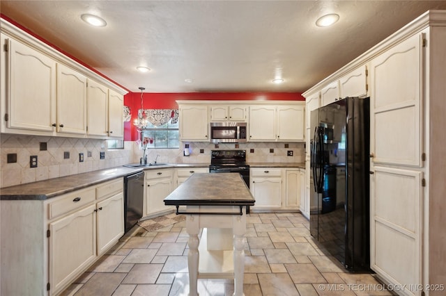 10511 S 83rd Cir, Tulsa, OK 74133 - kitchen with black appliances, a sink, light stone finish flooring, decorative backsplash, and pendant lighting