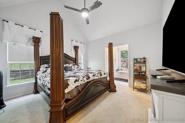 4602 S Linwood Dr, Sand Springs, OK 74063 - bedroom with light colored carpet, high vaulted ceiling, a ceiling fan, and ensuite bathroom