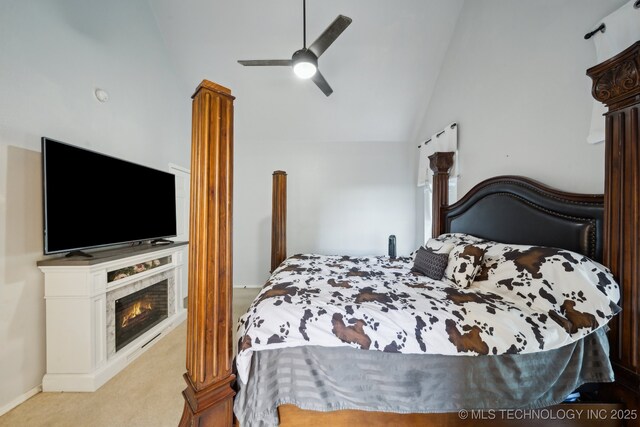4602 S Linwood Dr, Sand Springs, OK 74063 - bedroom featuring carpet floors, a high end fireplace, a ceiling fan, and high vaulted ceiling