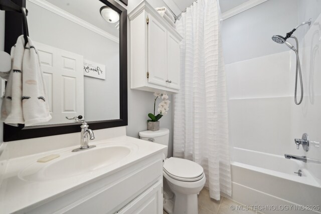 4602 S Linwood Dr, Sand Springs, OK 74063 - full bath featuring crown molding, vanity, shower / tub combo with curtain, and tile patterned floors