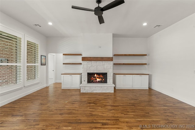 2978 E 146th St S, Bixby, OK 74008 - unfurnished living room with a ceiling fan, wood finished floors, recessed lighting, a fireplace, and baseboards