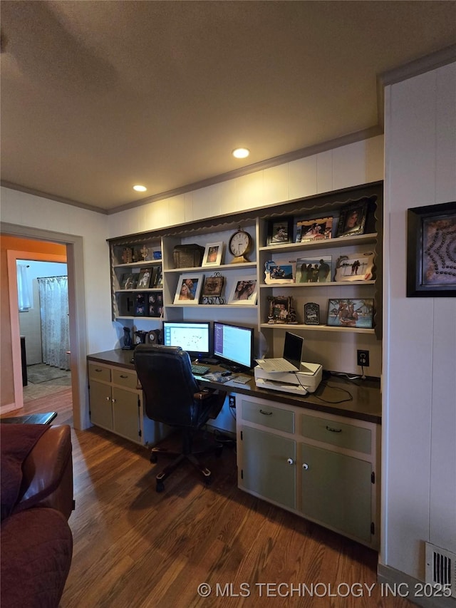 1324 N 3rd, Durant, OK 74701 - office with dark wood finished floors, built in desk, crown molding, and recessed lighting