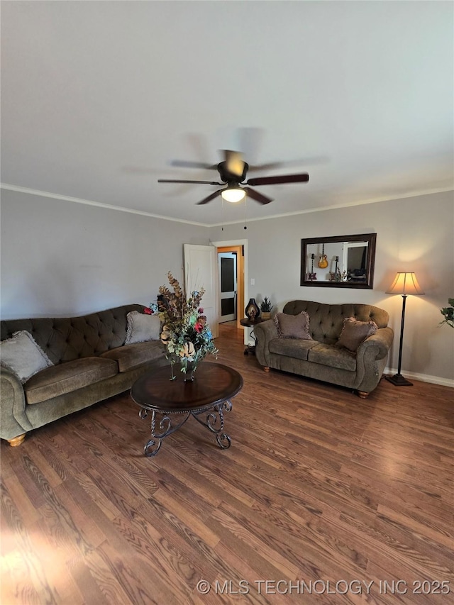 1324 N 3rd, Durant, OK 74701 - living area featuring wood finished floors, a ceiling fan, crown molding, and baseboards