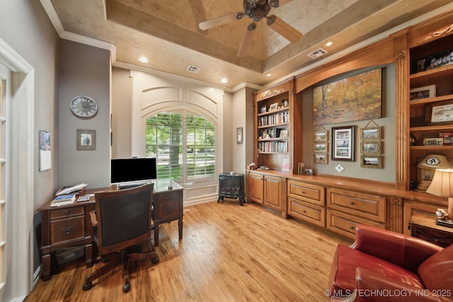 3335 E 93rd St, Tulsa, OK 74137 - office area with a tray ceiling, light wood finished floors, a ceiling fan, built in features, and crown molding