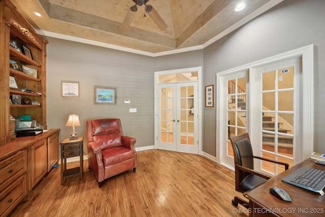 3335 E 93rd St, Tulsa, OK 74137 - home office with french doors, light wood-type flooring, a ceiling fan, baseboards, and ornamental molding