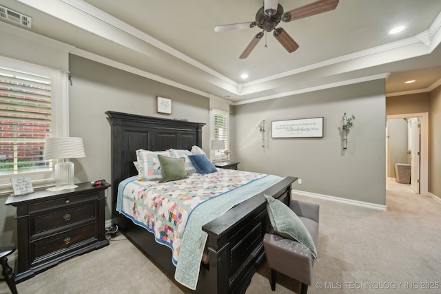3335 E 93rd St, Tulsa, OK 74137 - bedroom with carpet floors, crown molding, recessed lighting, baseboards, and a raised ceiling