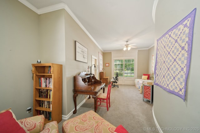 3335 E 93rd St, Tulsa, OK 74137 - carpeted home office featuring ceiling fan, ornamental molding, and baseboards