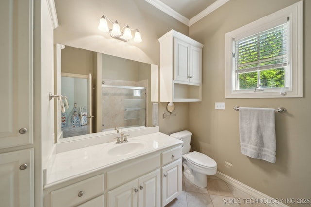 3335 E 93rd St, Tulsa, OK 74137 - full bath with toilet, ornamental molding, vanity, a stall shower, and tile patterned floors