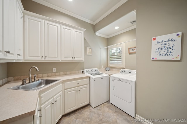 3335 E 93rd St, Tulsa, OK 74137 - laundry area with washing machine and clothes dryer, ornamental molding, cabinet space, recessed lighting, and light tile patterned flooring
