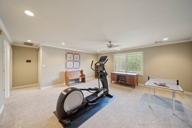 3335 E 93rd St, Tulsa, OK 74137 - workout area with recessed lighting, light carpet, ceiling fan, crown molding, and baseboards