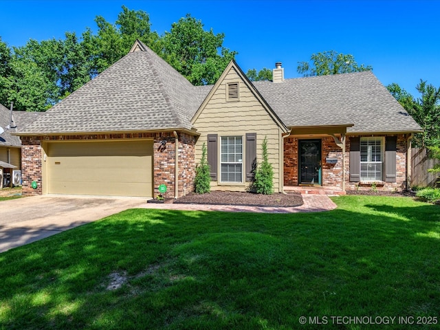 5553 S Delaware Ct, Tulsa, OK 74105 - view of front of home featuring a chimney, a garage, a front lawn, roof with shingles, and driveway