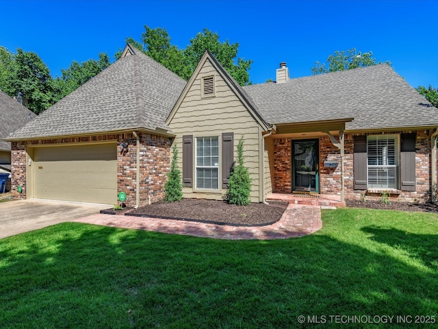 5553 S Delaware Ct, Tulsa, OK 74105 - view of front of home featuring a chimney, a shingled roof, an attached garage, and brick siding