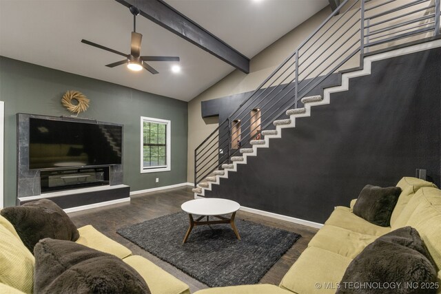 7423 S Urbana Ave, Tulsa, OK 74136 - living area with wood finished floors, stairway, a ceiling fan, and baseboards