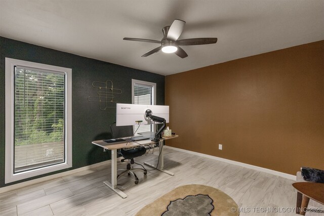 7423 S Urbana Ave, Tulsa, OK 74136 - office featuring a ceiling fan, light wood-style floors, and baseboards