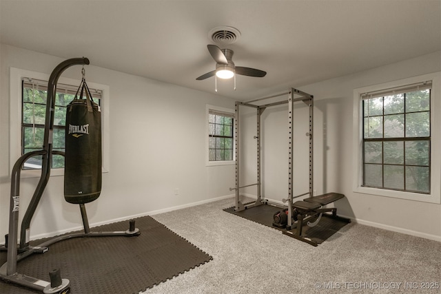 7423 S Urbana Ave, Tulsa, OK 74136 - workout area with baseboards, ceiling fan, and carpet
