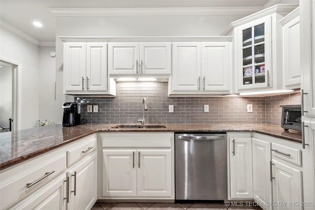 10107 S 94th E Pl, Tulsa, OK 74133 - kitchen with stainless steel dishwasher, a sink, white cabinetry, ornamental molding, and tasteful backsplash