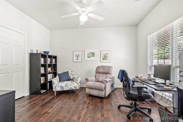 10107 S 94th E Pl, Tulsa, OK 74133 - office area with a ceiling fan, dark wood-type flooring, and baseboards