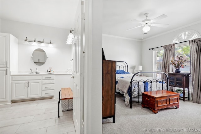10107 S 94th E Pl, Tulsa, OK 74133 - bedroom with a sink, crown molding, light tile patterned floors, and ceiling fan