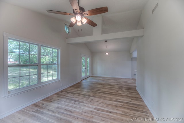 1334 N Nogales Ave, Tulsa, OK 74127 - spare room featuring ceiling fan, light wood-style flooring, baseboards, and high vaulted ceiling