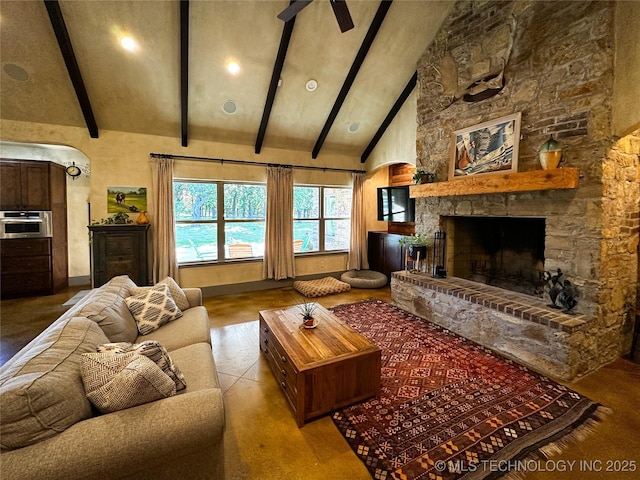 16012 N 145th Ave, Collinsville, OK 74021 - living area with high vaulted ceiling, beam ceiling, and a fireplace