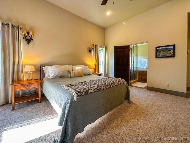 16012 N 145th Ave, Collinsville, OK 74021 - bedroom featuring carpet floors, high vaulted ceiling, baseboards, ceiling fan, and recessed lighting