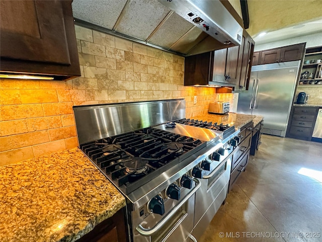 16012 N 145th Ave, Collinsville, OK 74021 - kitchen featuring premium appliances, under cabinet range hood, dark brown cabinets, finished concrete flooring, and decorative backsplash