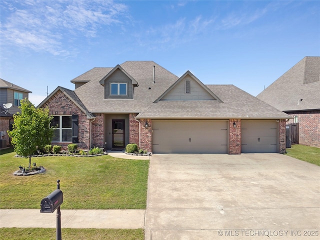 22905 E 104th St S, Broken Arrow, OK 74014 - traditional-style house featuring brick siding, a garage, driveway, a shingled roof, and a front yard