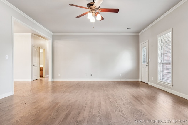 3200 Heritage Dr, Claremore, OK 74019 - empty room with crown molding, a ceiling fan, light wood-style flooring, and baseboards